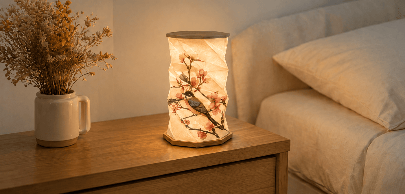 Lanterne OrigaLux allumée sur une table de chevet dans une chambre chaleureuse